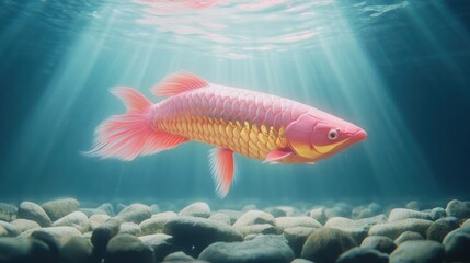 Naklejka premium Pink fish swims gracefully underwater with light rays and pebbles. Use Aquariums