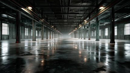Obraz premium Industrial warehouse with concrete floors and steel beams, showcasing raw urban aesthetics and depth.