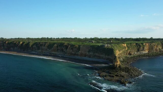The iconic site of Pointe du Hoc in Europe, France, Normandy, near Carentan, in spring, on a sunny day.&nbsp;