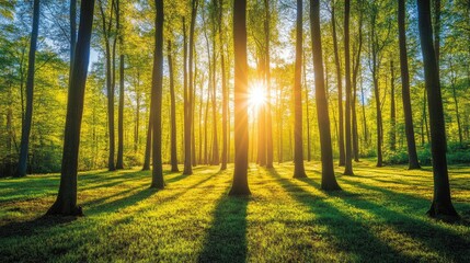 Fototapeta premium Sunlight streams through a vibrant forest canopy.