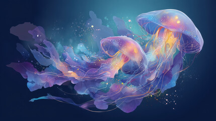 Naklejka premium Enchanted watercolor jellyfish floating gracefully in a cosmic sea of colors creating an otherworldly visual experience
