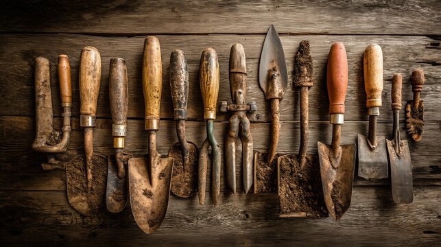 Vintage gardening tools on a wooden table, a timeless tribute to rustic simplicity and the art of cultivation.