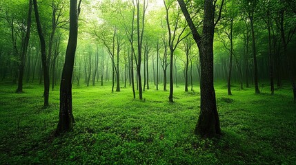 Fototapeta premium Lush green forest floor bathed in soft, diffused light.