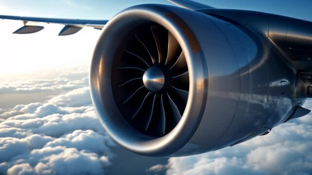 Zooming into an airplane turbine engine mid-flight. . Aerial view of a plane showing the spinning blades of the motor.