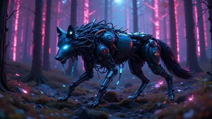 Cyberpunk Robotic Wolf Illuminated in a Neon Forest with Glowing Blue Eyes and Red Hues - Powered by Adobe