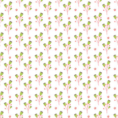 Fototapeta premium Seamless Pattern of Green Thistle Branches with Pink Flowers on White
