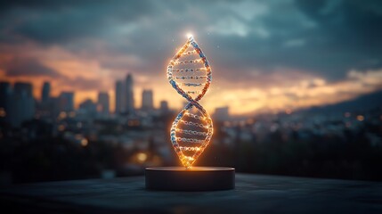 DNA helix structure illuminated at sunset over city skyline