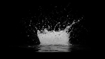 Water splash isolated on black background.  A dynamic water splash erupts upward, radiating outwards in a crown shape, with a discernible impact on the surface below.  The splash is detailed, 