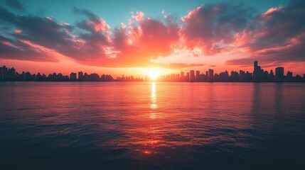 Fototapeta premium City skyline at sunset over water (1)