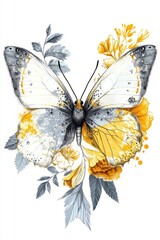 A watercolor illustration depicting a butterfly and various flowers