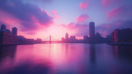 Obraz premium City skyline at vibrant sunset over calm water