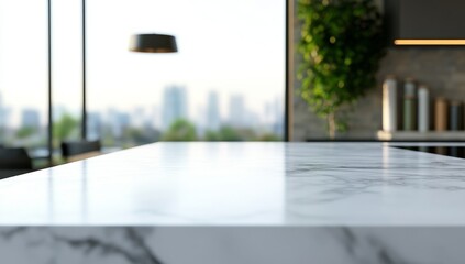 Sleek, modern kitchen countertop with city views