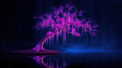 Glowing purple tree, digital art, mystical forest, water reflection