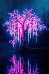 Obraz premium Mystical glowing tree by water. Vibrant pink light illuminates branches and trunk. Reflected in calm water. Surrounded by dark forest
