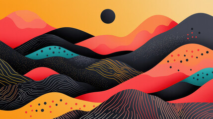 Obraz premium Abstract artistic landscape illustration featu vibrant mountains flowing with textured patterns and warm sunset colors in a modern minimalist style