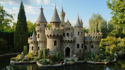 Obraz premium Miniature castle reflects in water of a small lake amidst lush garden scenery