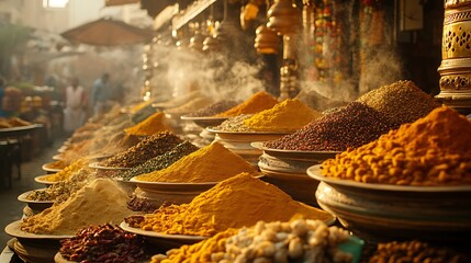 Colorful spice market stalls at dawn, bustling with activity.  Possible use Stock photo for travel, food, and culture