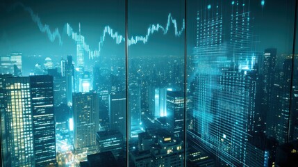 Obraz premium Night city skyline viewed through glass, overlaid with financial data.