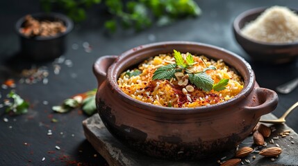 Chilled phirni with almond flakes served in earthen pot over dark background Rich North Indian rice dessert with smooth texture and aromatic Indian spices cut out on isolated transparent background