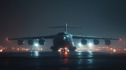 A cinematic shot of a cargo plane landing on a foggy night.