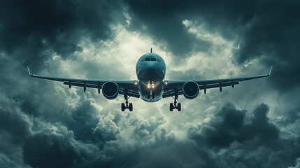 A cinematic wide-angle shot of a cargo jet over a stormy sky.