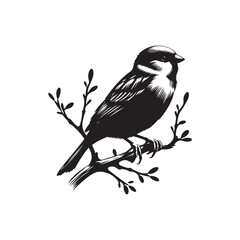 An elegant black and white sparrow bird silhouette perched on a branch. A stylized, black and white vector graphic of a sparrow perched on a branch.