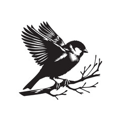 An elegant black and white sparrow bird silhouette perched on a branch. A stylized, black and white vector graphic of a sparrow perched on a branch.