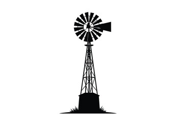 Farm windmill silhouette. A black silhouette image of a traditional farm windmill with circular blades and a lattice tower, rural agriculture and energy production. Vector clipart illustration design.