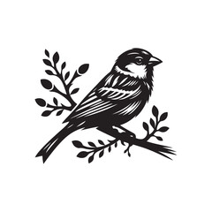 An elegant black and white sparrow bird silhouette perched on a branch. A stylized, black and white vector graphic of a sparrow perched on a branch.