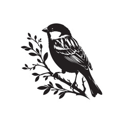 An elegant black and white sparrow bird silhouette perched on a branch. A stylized, black and white vector graphic of a sparrow perched on a branch.