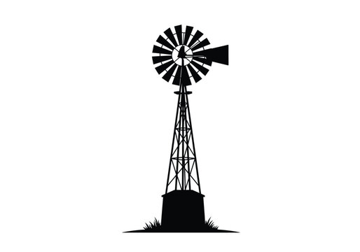 Farm windmill silhouette. A black silhouette image of a traditional farm windmill with circular blades and a lattice tower, rural agriculture and energy production. Vector clipart illustration design.