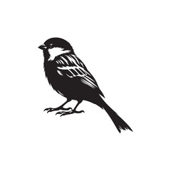 An elegant black and white sparrow bird silhouette perched on a branch. A stylized, black and white vector graphic of a sparrow perched on a branch.