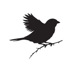 Obraz premium An elegant black and white sparrow bird silhouette perched on a branch. A stylized, black and white vector graphic of a sparrow perched on a branch.