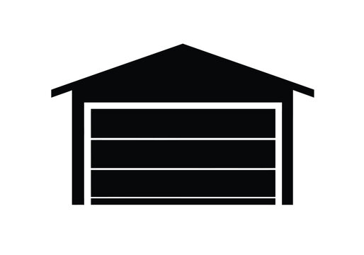 recommend clip art: Garage door silhouette. This image shows a black silhouette of a garage door with a triangular roof and four horizontal panels, symbolizing modern architecture. Vector clipart illustration design.
