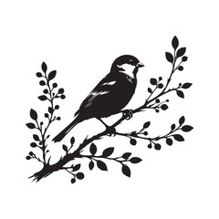 An elegant black and white sparrow bird silhouette perched on a branch. A stylized, black and white vector graphic of a sparrow perched on a branch.