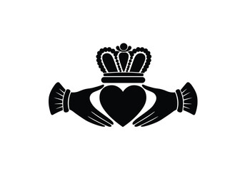 Claddagh silhouette. This image features the Irish Claddagh symbol, a heart held by two hands topped with a crown, symbolizing love, loyalty, and friendship. Vector clipart illustration design.