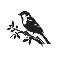 Obraz premium An elegant black and white sparrow bird silhouette perched on a branch. A stylized, black and white vector graphic of a sparrow perched on a branch.