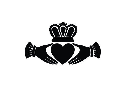 Claddagh silhouette. This image features the Irish Claddagh symbol, a heart held by two hands topped with a crown, symbolizing love, loyalty, and friendship. Vector clipart illustration design.