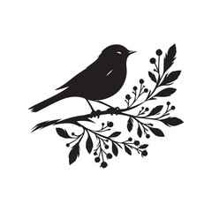 An elegant black and white sparrow bird silhouette perched on a branch. A stylized, black and white vector graphic of a sparrow perched on a branch.