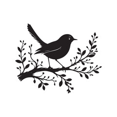 An elegant black and white sparrow bird silhouette perched on a branch. A stylized, black and white vector graphic of a sparrow perched on a branch.