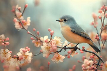 Fototapeta premium Tiny bird perched on blossoming tree branch