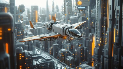A futuristic air freight plane flying above a high-tech smart city.