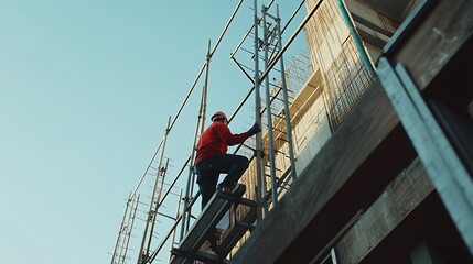 Construction Worker Climbing Scaffold