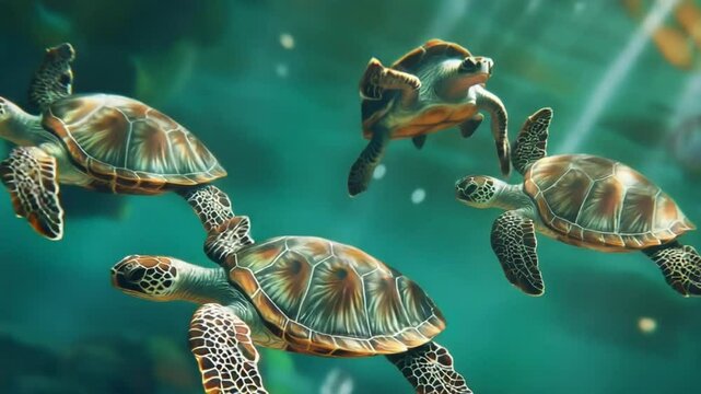 Sea Turtles Underwater Grace: A captivating image of four sea turtles swimming gracefully in a vibrant teal underwater world.