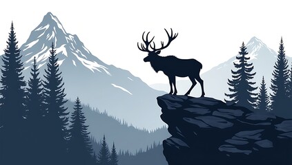 Wildlife-themed silhouette showing elk standing atop a rocky cliff with pine trees, mountain range in the distance, iconic and bold landscape illustration for outdoor logo use.