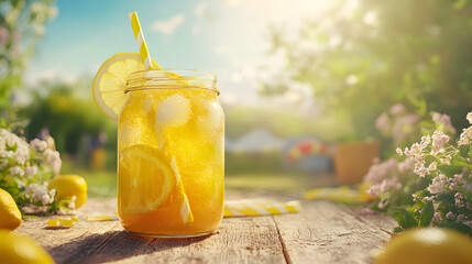 Refreshing lemonade in mason jar with lemon slices and straw on sunny garden table