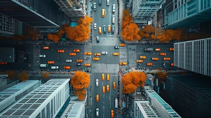 Aerial view of busy city intersection with traffic and autumn trees