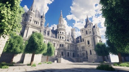 Grand palace, stately home viewed through trees against a bright sky, idyllic location