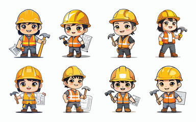 Chibi Architect and Construction Worker Icon Bundle in Cute Anime Style with Tools and Helmets