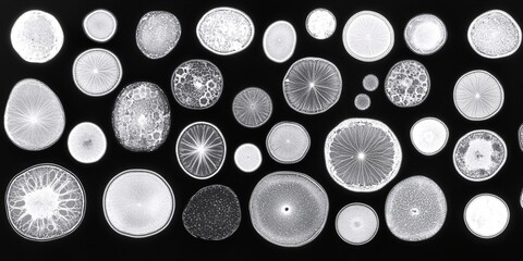 abstract microbial and viral particles in black and white, scientific imaging of biological structures